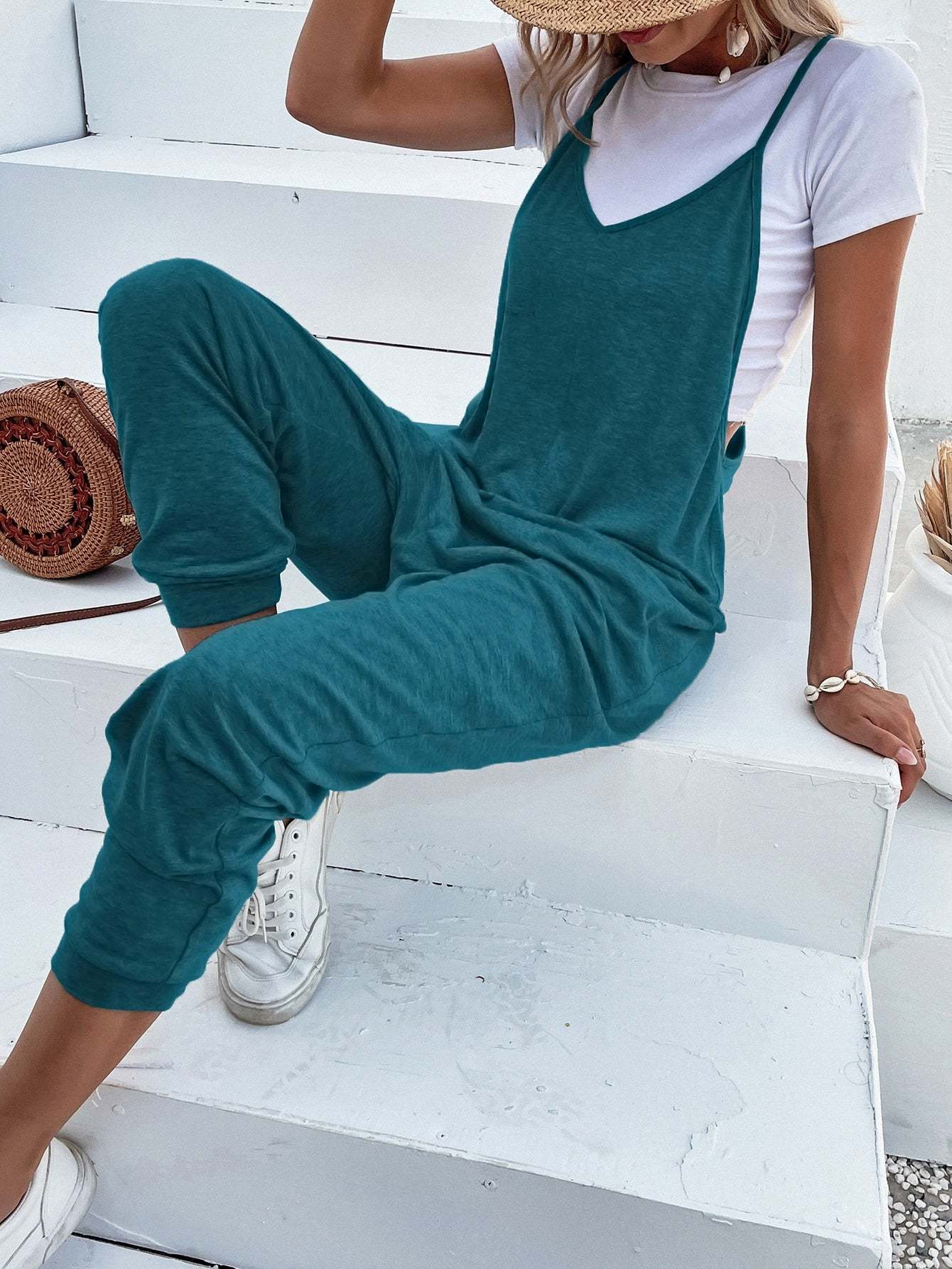 Dual Pocket Keyhole Jumpsuit Without Tee-Cozy Knit Sets