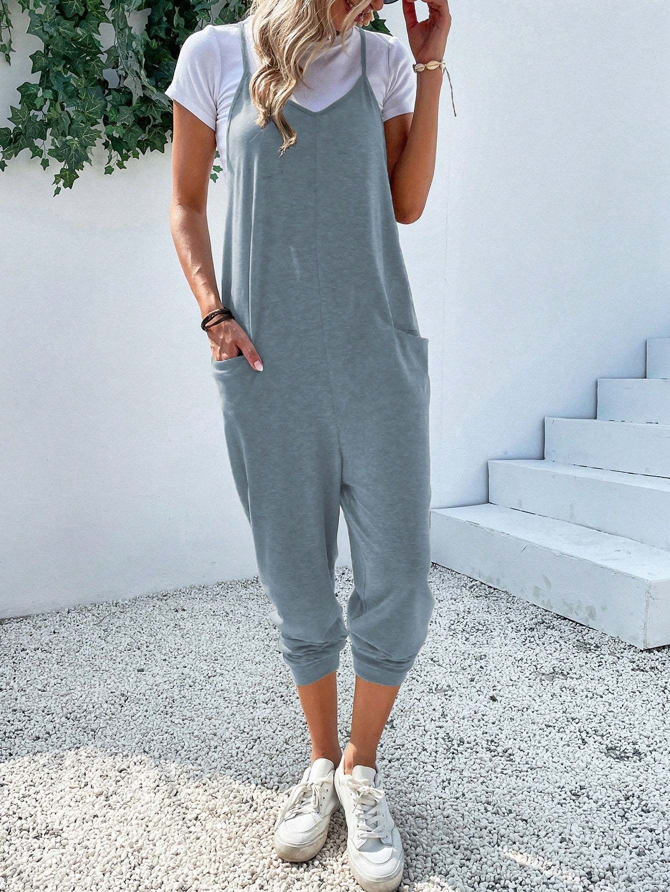 Dual Pocket Keyhole Jumpsuit Without Tee-Cozy Knit Sets