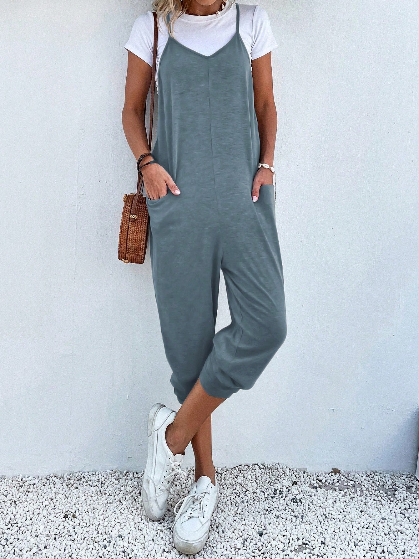 Dual Pocket Keyhole Jumpsuit Without Tee-Cozy Knit Sets