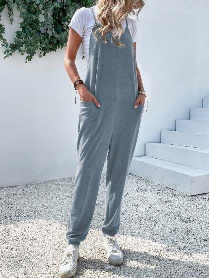 Dual Pocket Keyhole Jumpsuit Without Tee-Cozy Knit Sets