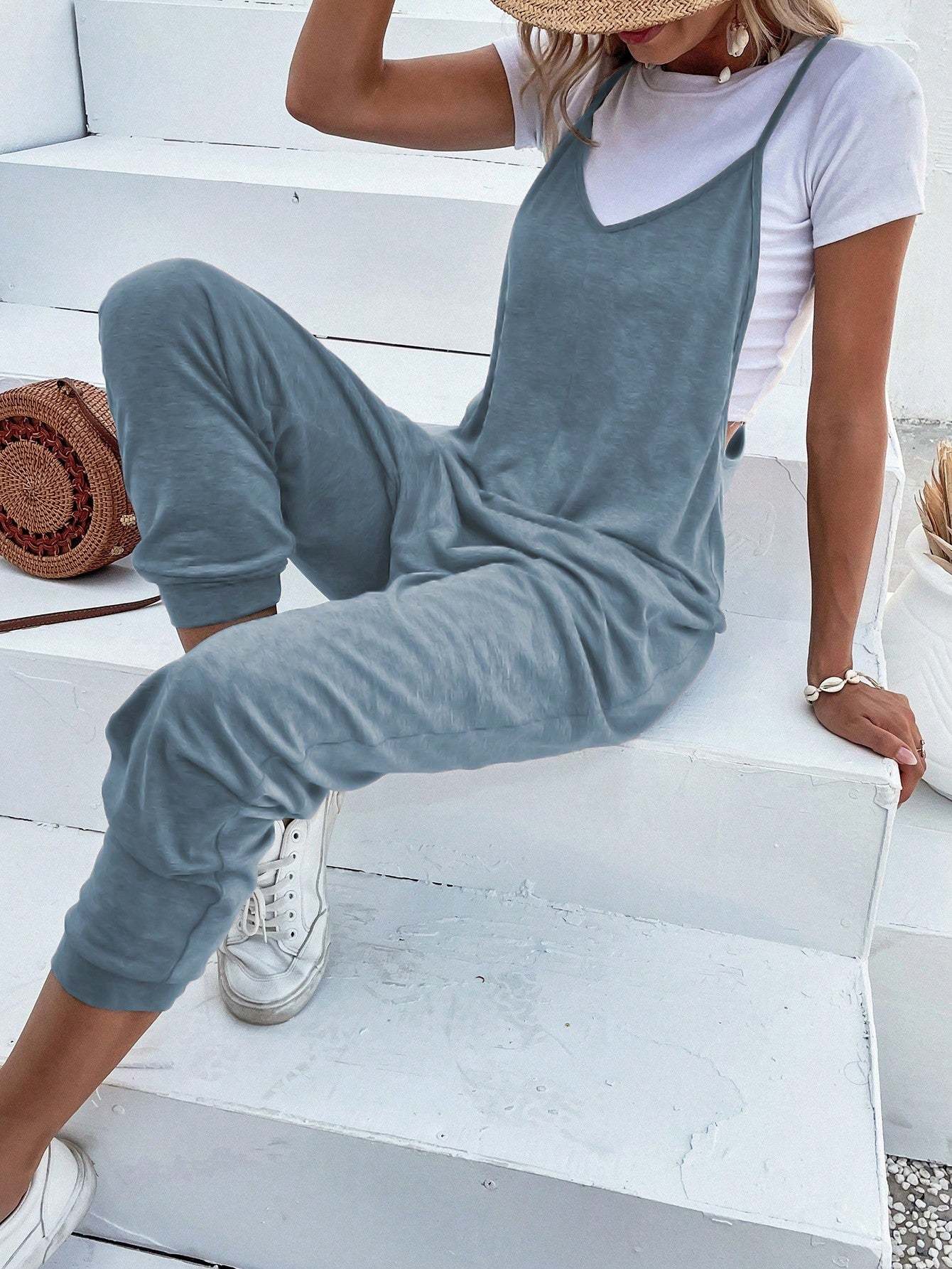 Dual Pocket Keyhole Jumpsuit Without Tee-Cozy Knit Sets