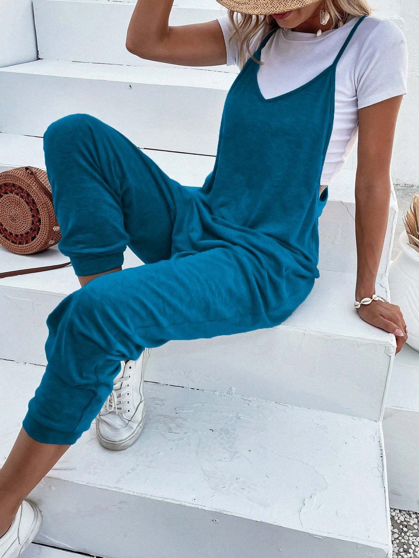 Dual Pocket Keyhole Jumpsuit Without Tee-Cozy Knit Sets