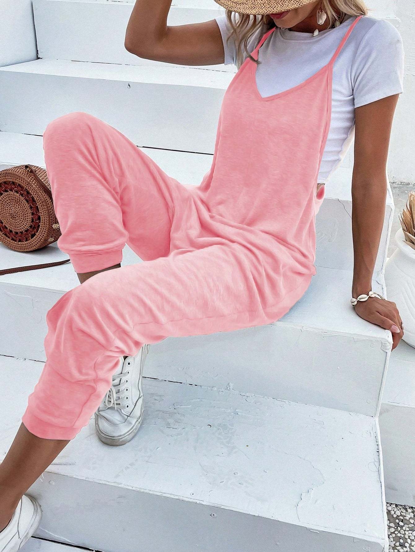 Dual Pocket Keyhole Jumpsuit Without Tee-Cozy Knit Sets