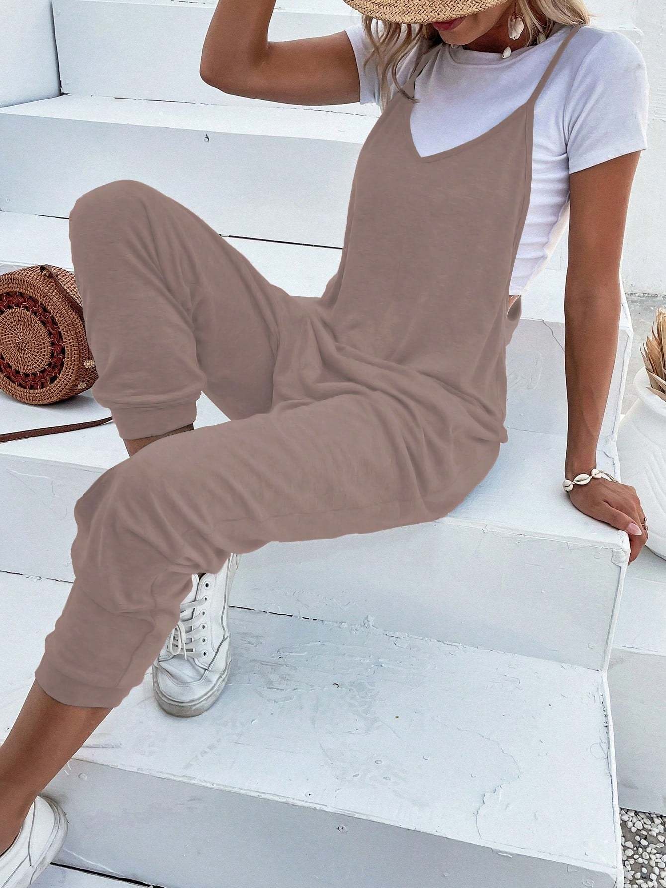 Dual Pocket Keyhole Jumpsuit Without Tee-Cozy Knit Sets