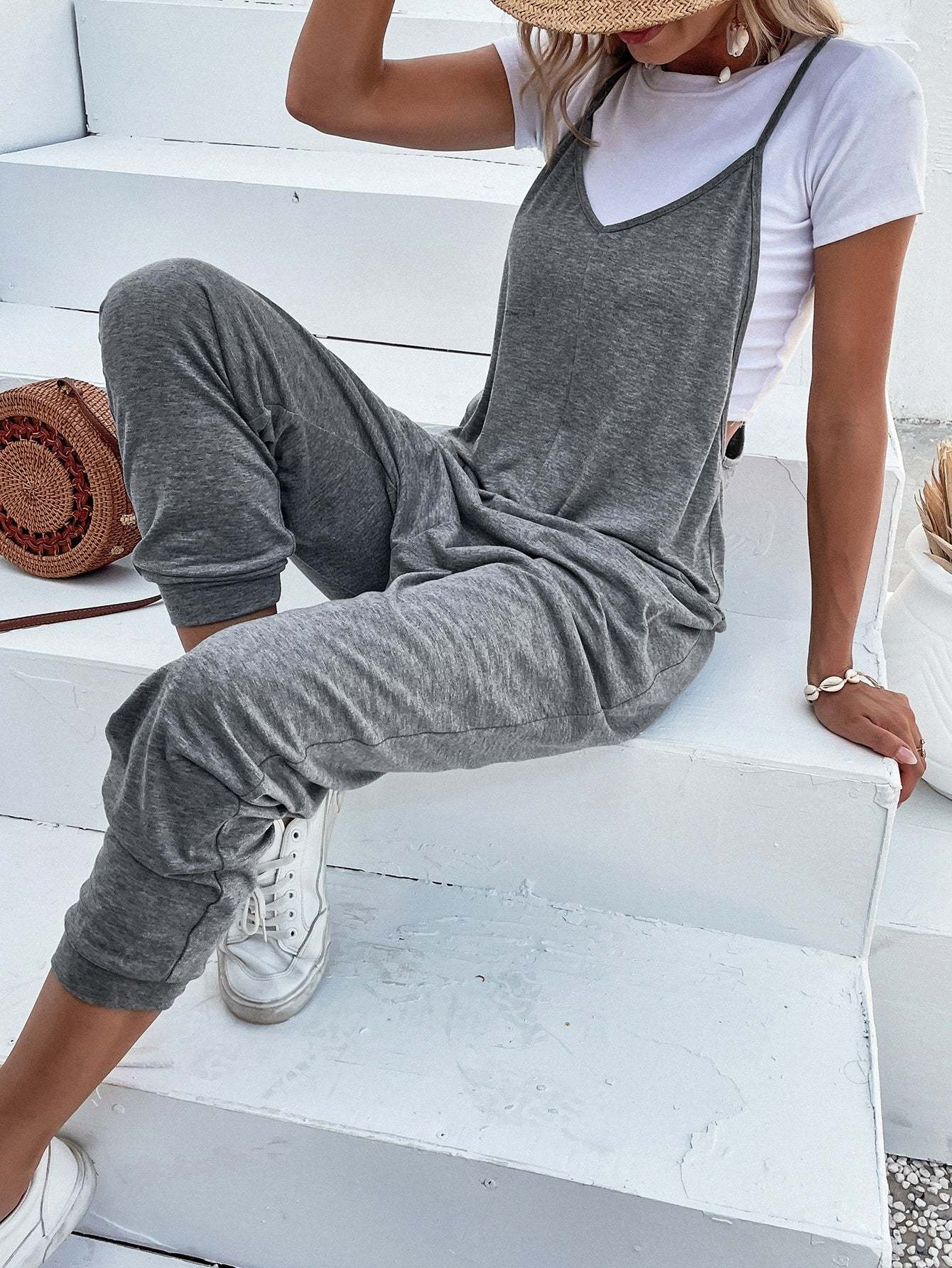 Dual Pocket Keyhole Jumpsuit Without Tee-Cozy Knit Sets