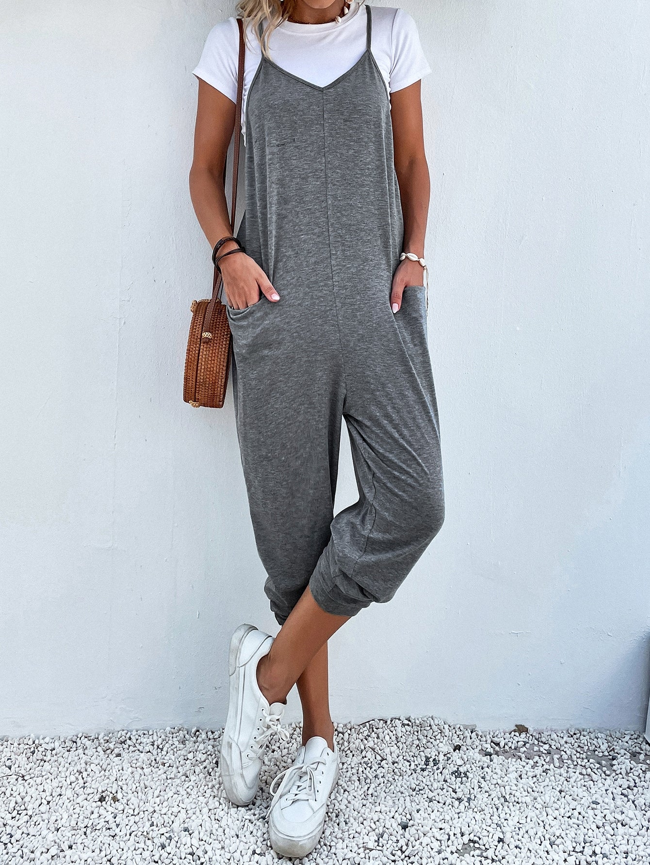 Dual Pocket Keyhole Jumpsuit Without Tee-Cozy Knit Sets