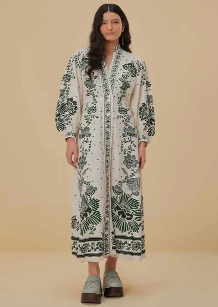 Elegant Floral Patterned Long Robe With Mandarin Collar-Cozy Knit Sets
