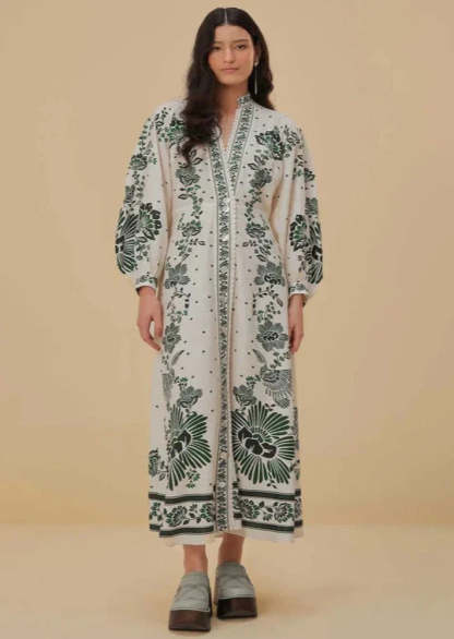 Elegant Floral Patterned Long Robe With Mandarin Collar-Cozy Knit Sets