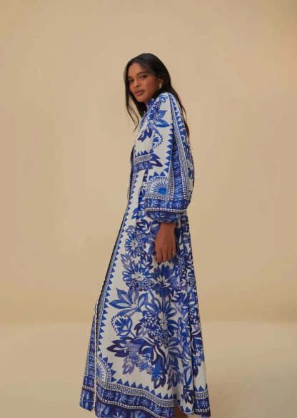 Elegant Floral Patterned Long Robe With Mandarin Collar-Cozy Knit Sets