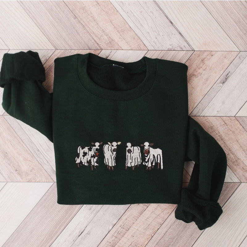 Embroidered Halloween Cow Printed Sweatshirt-Cozy Knit Sets