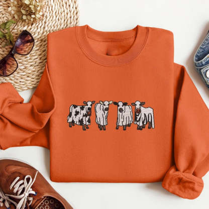 Embroidered Halloween Cow Printed Sweatshirt-Cozy Knit Sets