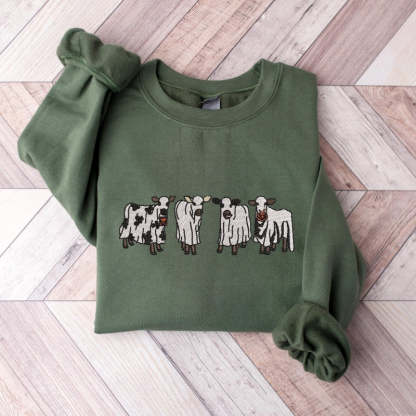 Embroidered Halloween Cow Printed Sweatshirt-Cozy Knit Sets