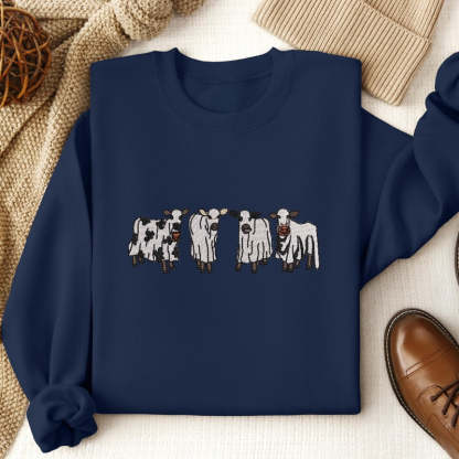 Embroidered Halloween Cow Printed Sweatshirt-Cozy Knit Sets
