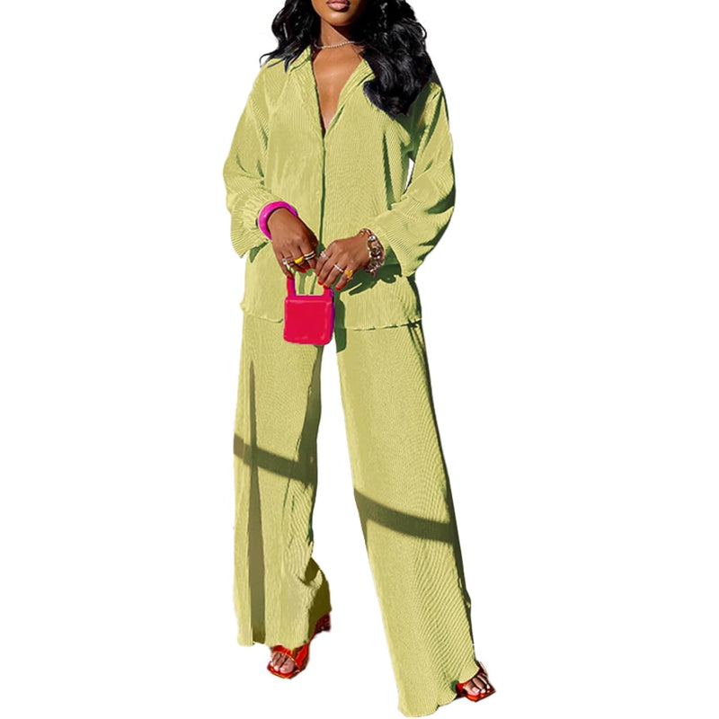 Flare Pleated Wide Leg Pants Co-Ord Sets-Cozy Knit Sets