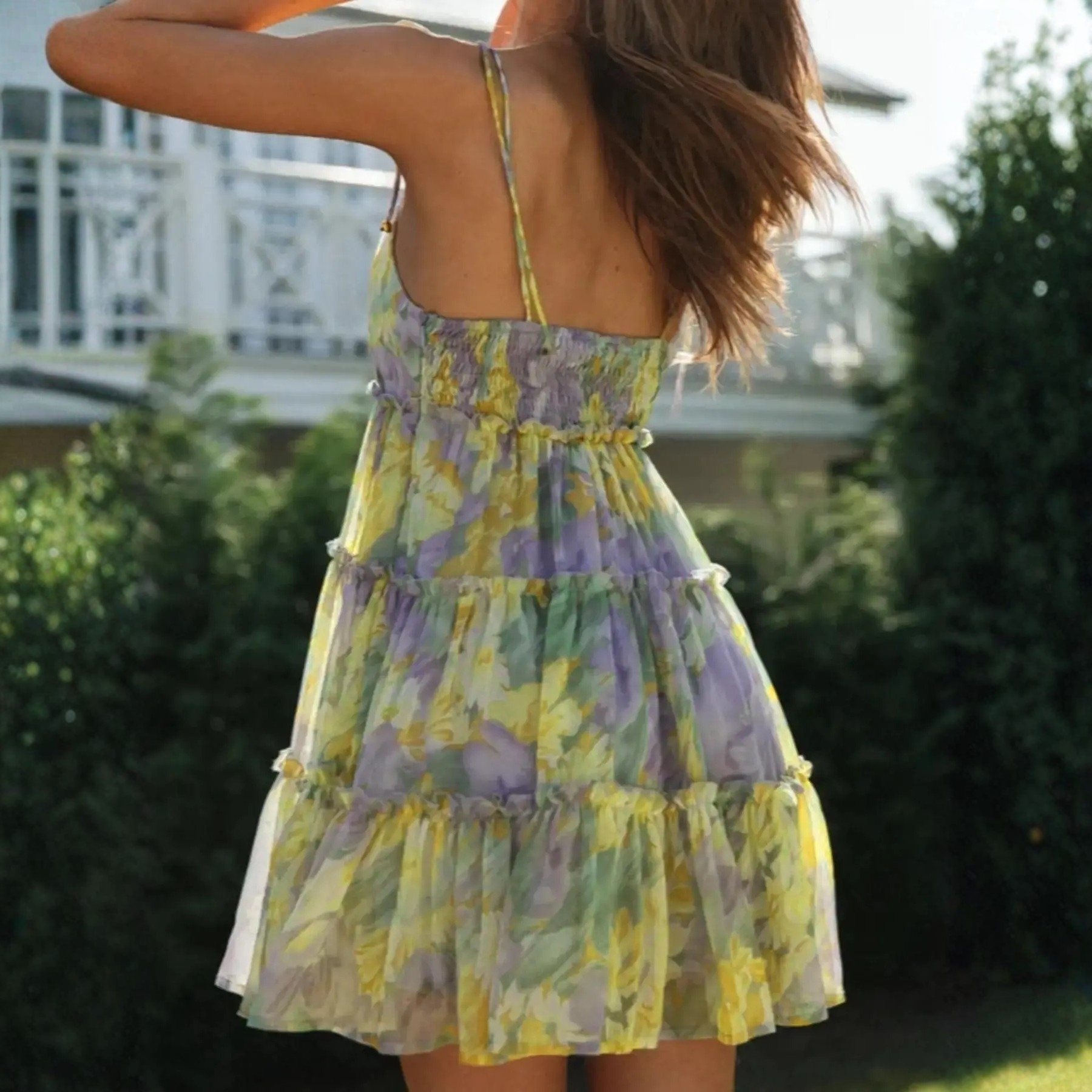 Floral Print Tiered Frill Trim A Line Summer Dress For Women