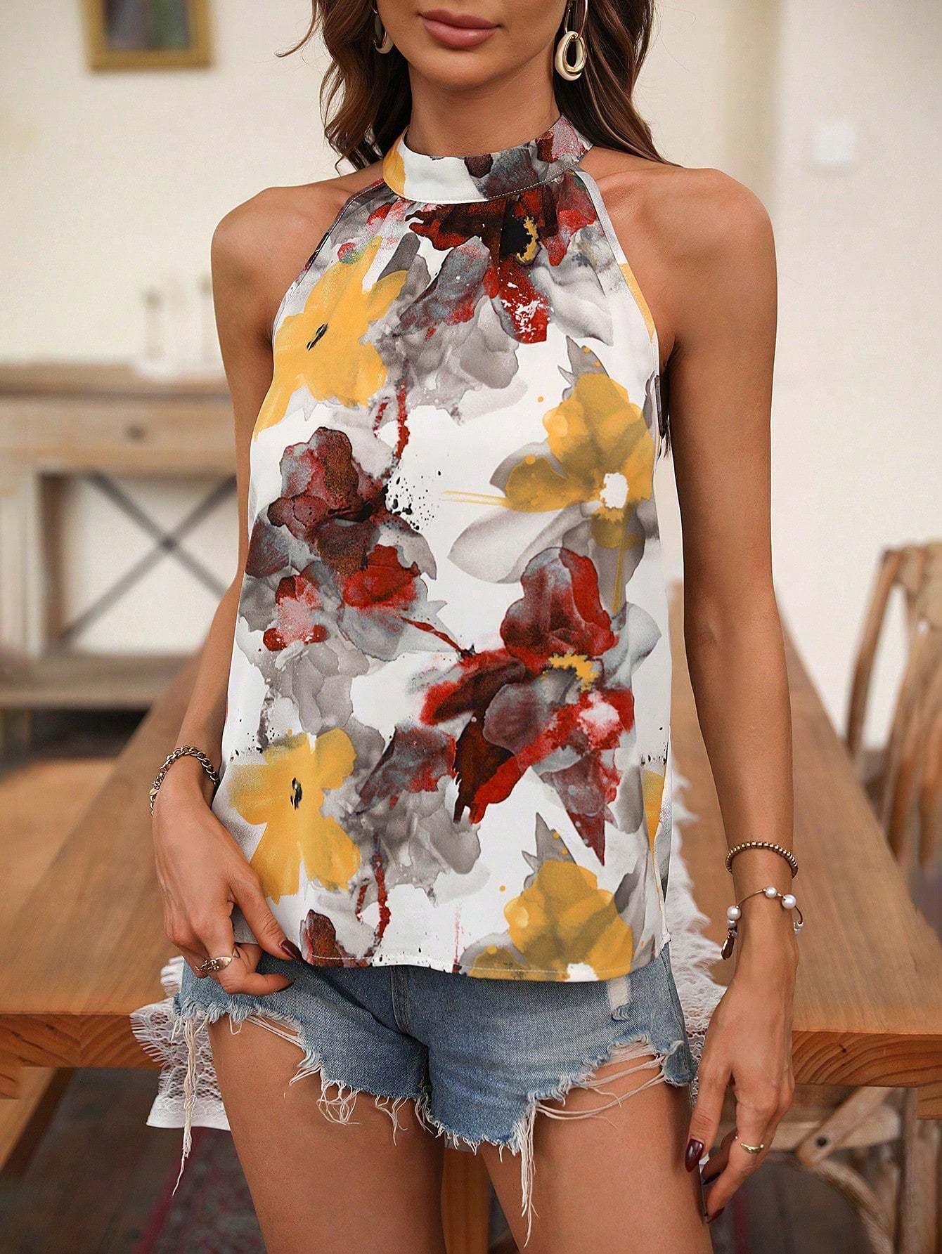 Floral Print Keyhole Halter Blouse-Cozy Knit Sets