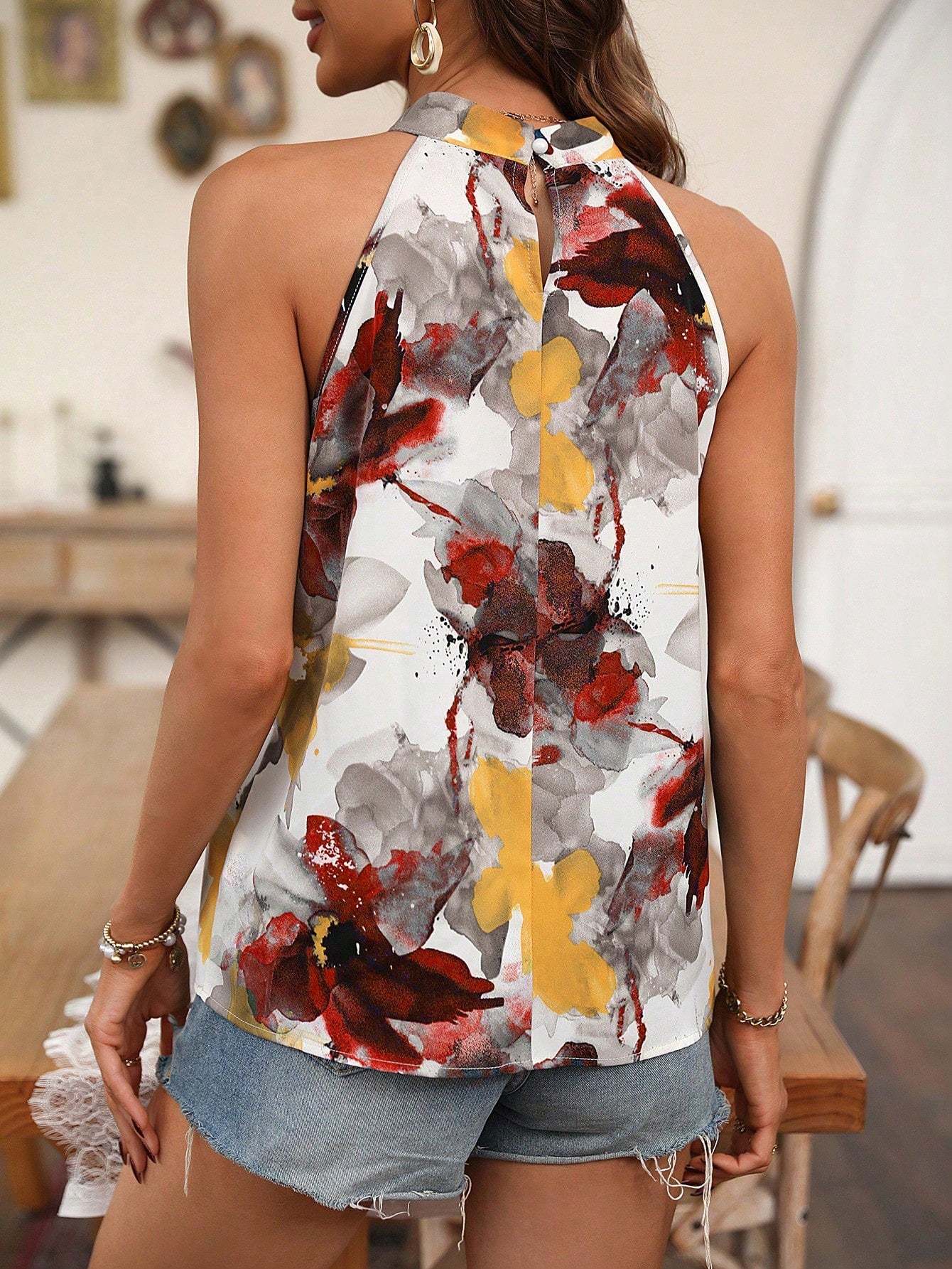 Floral Print Keyhole Halter Blouse-Cozy Knit Sets