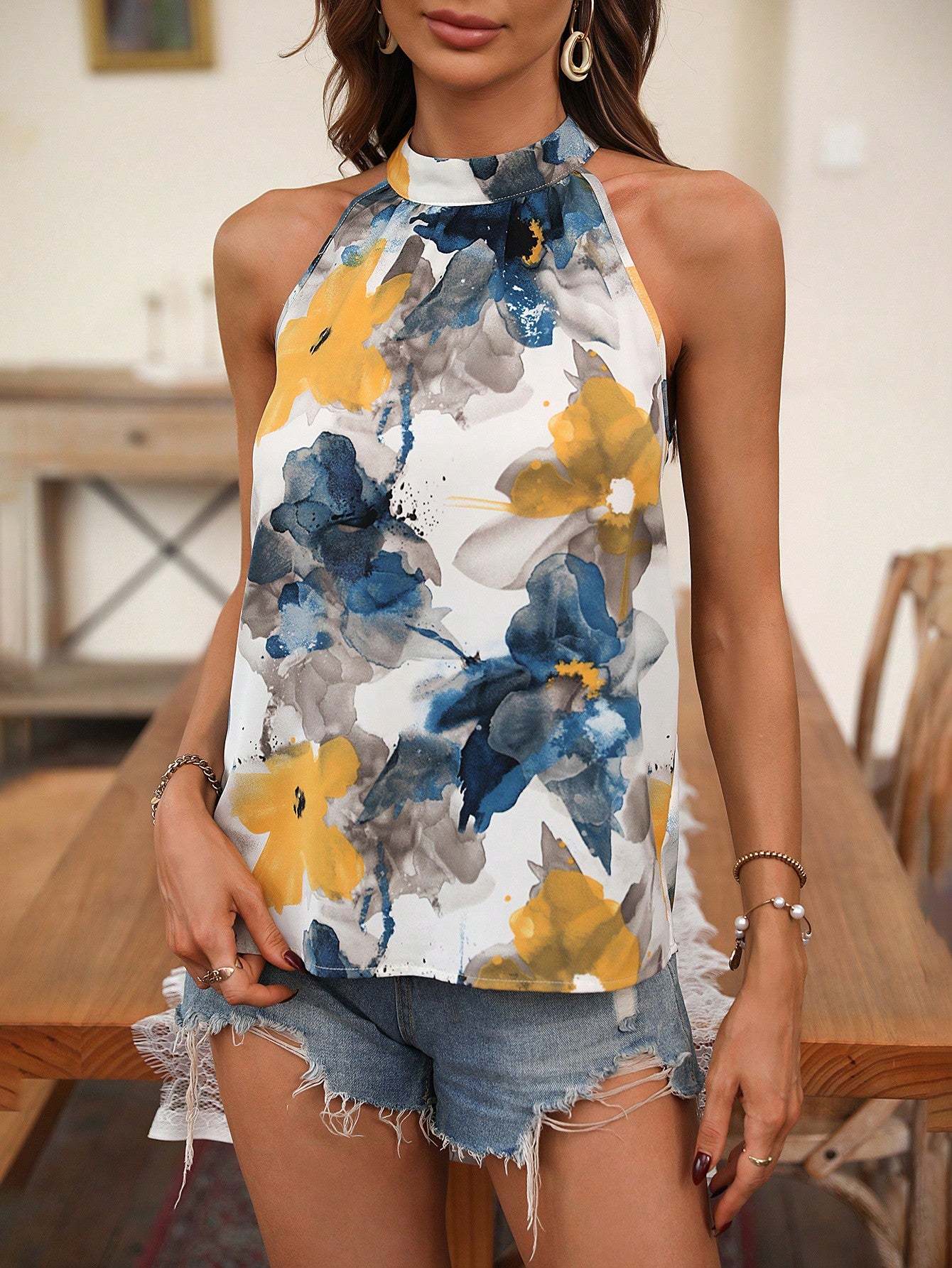 Floral Print Keyhole Halter Blouse-Cozy Knit Sets