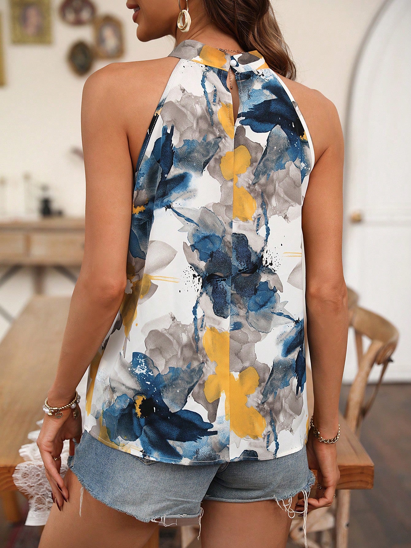 Floral Print Keyhole Halter Blouse-Cozy Knit Sets