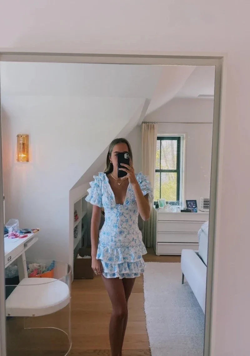 Flutter Sleeves Mini Floral Dress-Cozy Knit Sets