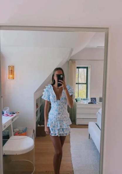 Flutter Sleeves Mini Floral Dress-Cozy Knit Sets