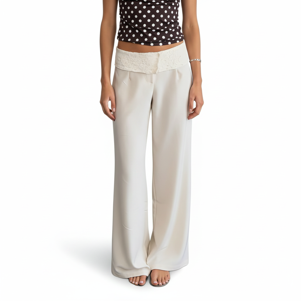 Polka Dotted Trim Wide Fit Suit Style Pants