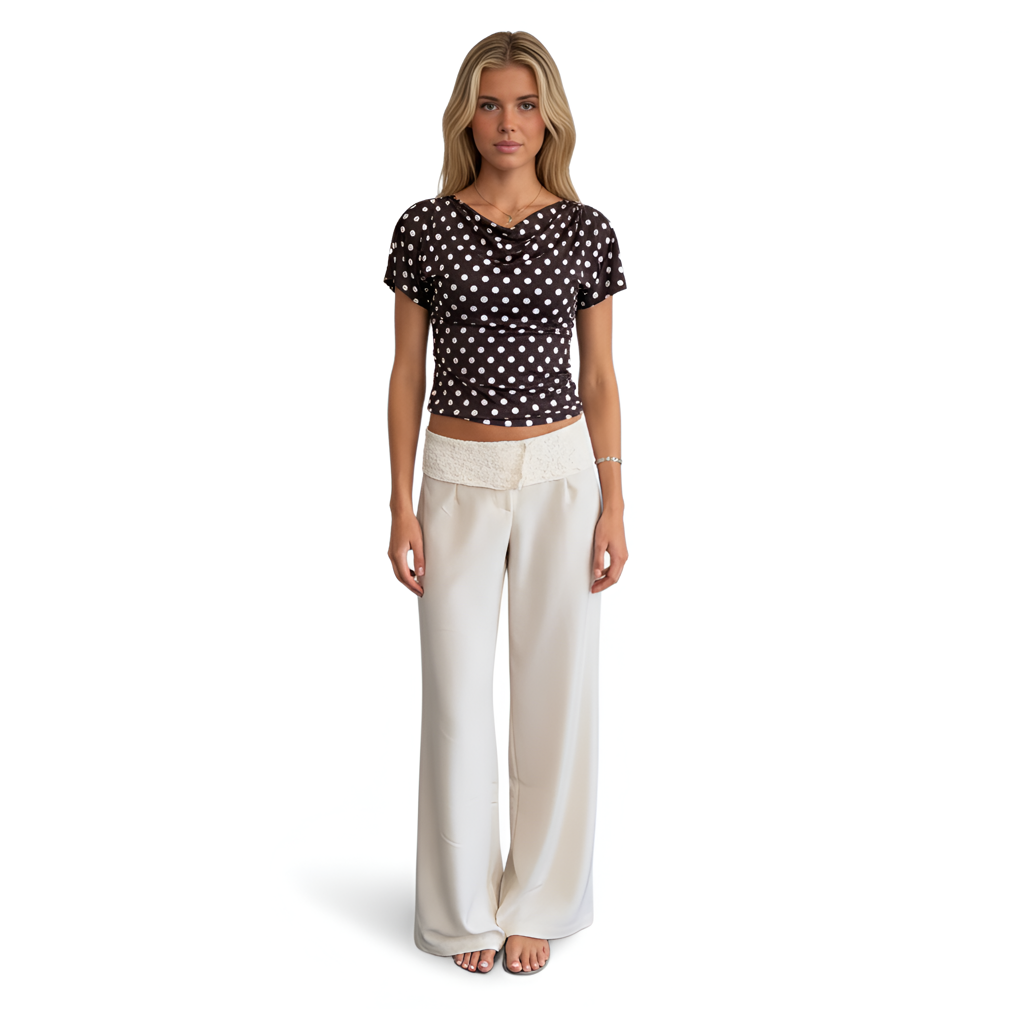 Polka Dotted Trim Wide Fit Suit Style Pants
