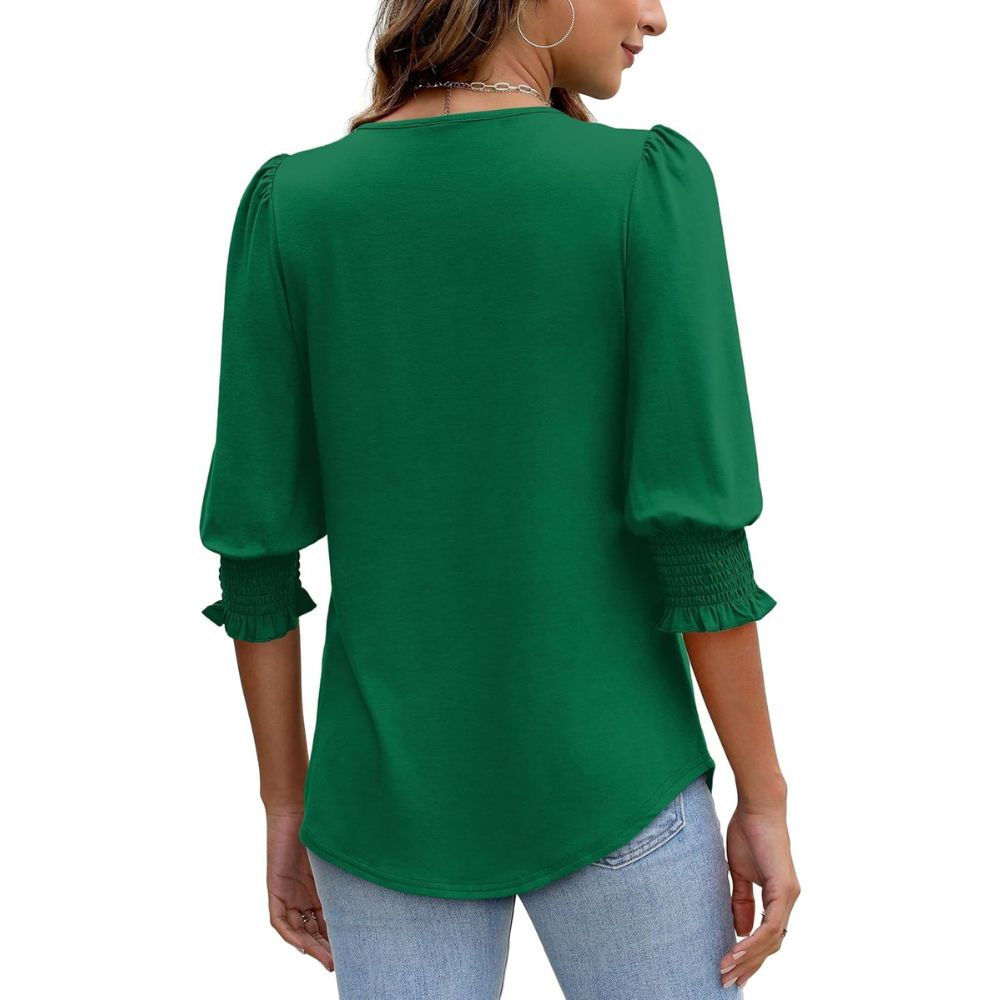 Dressy Casual 3/4 Length Sleeve Women's Tops with Smocked CuffsDressy Casual Tunic Top With Smocked Sleeve Cuffs And Curved Hem For Women - Image 16