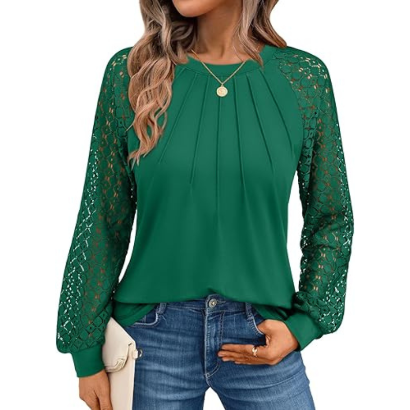 Long Sleeve Tops With Pleated Front And Lace Detail For WomenLong Sleeve Tops With Pleated Front And Lace Detail For Women - Image 15