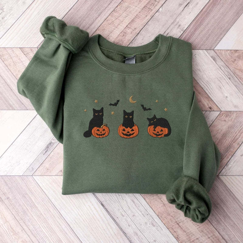 Halloween Black Cat Sweatshirt-Cozy Knit Sets