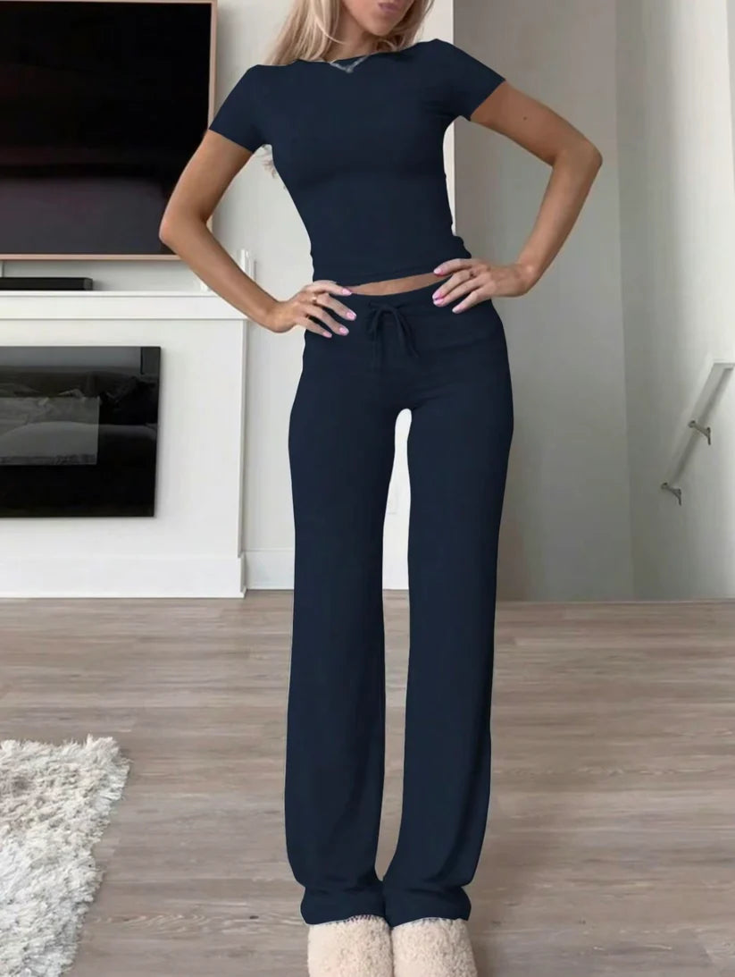 Solid Colored Two Piece Lounge Set With Drawstrings-Cozy Knit Sets