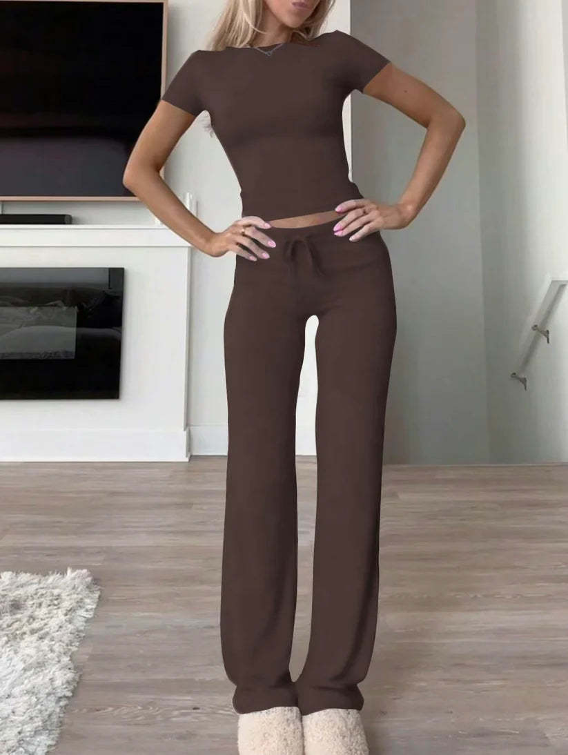 Solid Colored Two Piece Lounge Set With Drawstrings-Cozy Knit Sets