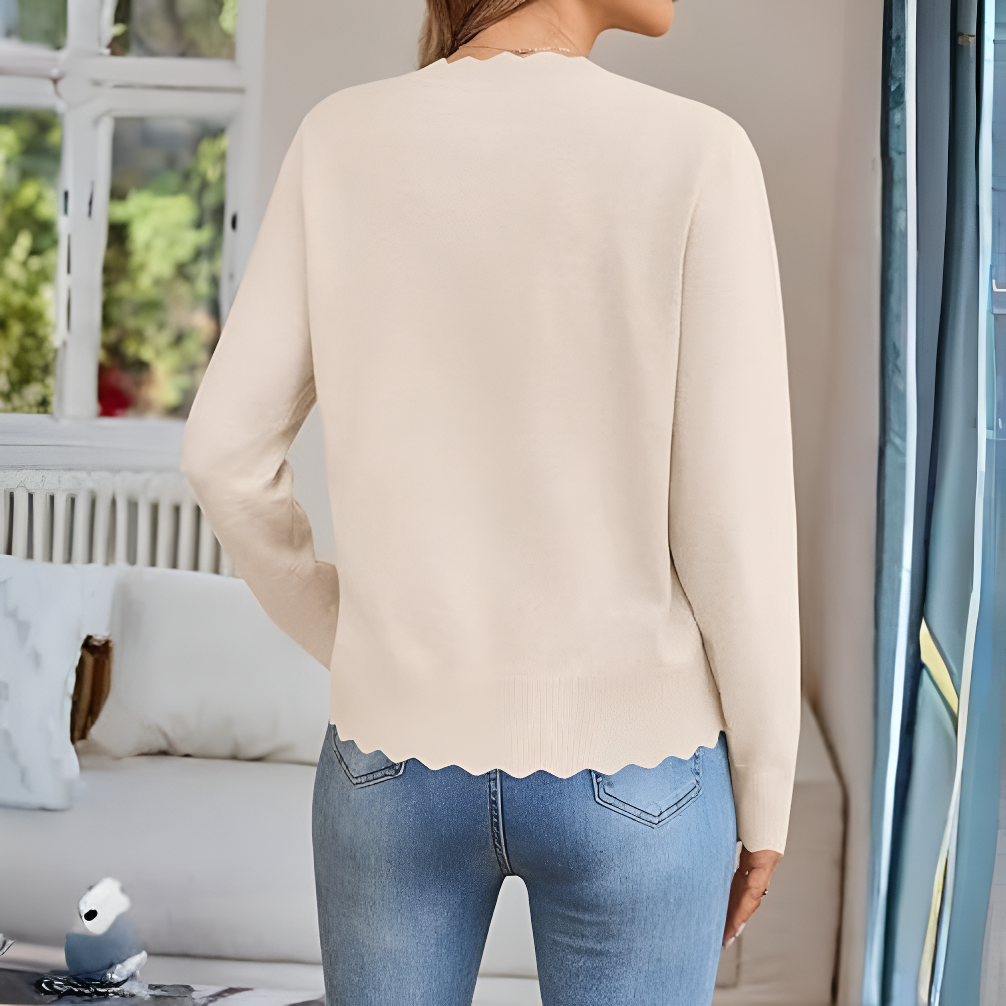 Lightweight Button Down Knit Cardigan With Scallop Trim