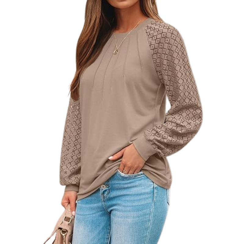 Long Sleeve Tops With Pleated Front And Lace Detail For WomenLong Sleeve Tops With Pleated Front And Lace Detail For Women - Image 3
