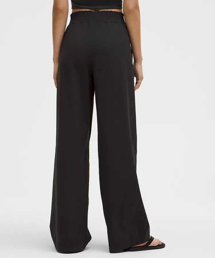 Stretch Woven Ruffle Waist Wide Leg Pant