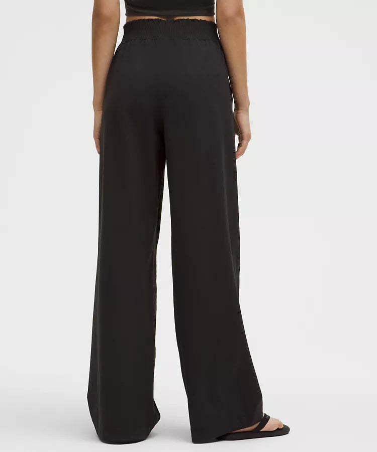Stretch Woven Ruffle Waist Wide Leg Pant