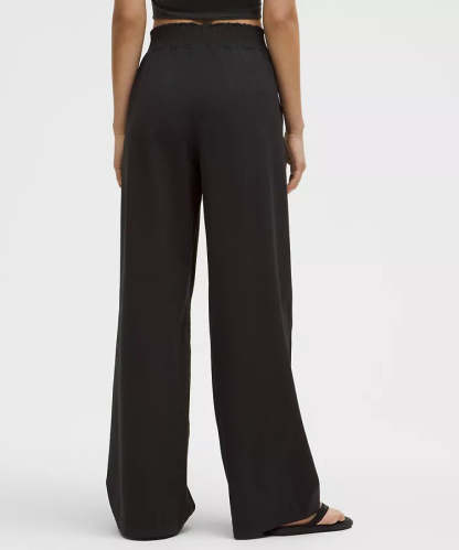Stretch Woven Ruffle Waist Wide Leg Pant