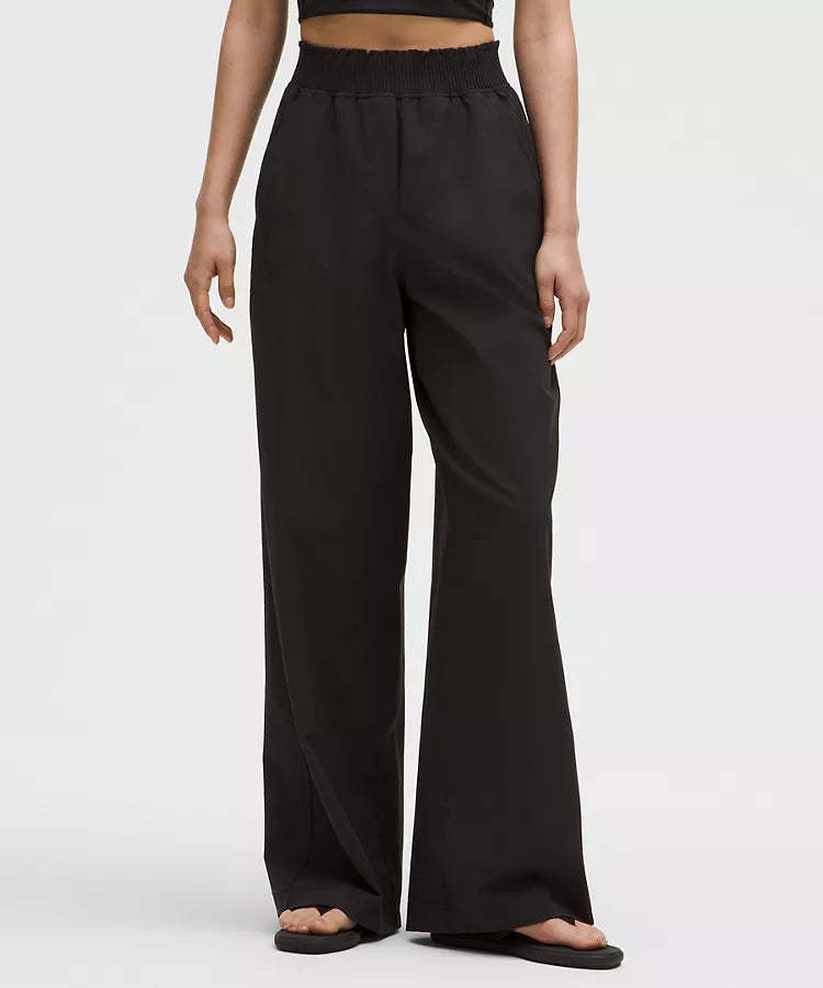 Stretch Woven Ruffle Waist Wide Leg Pant