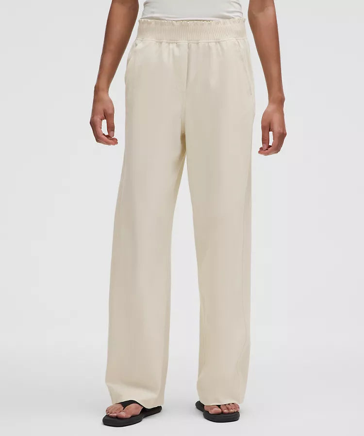 Stretch Woven Ruffle Waist Wide Leg Pant