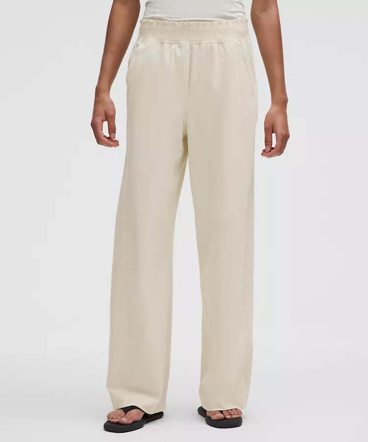 Stretch Woven Ruffle Waist Wide Leg Pant