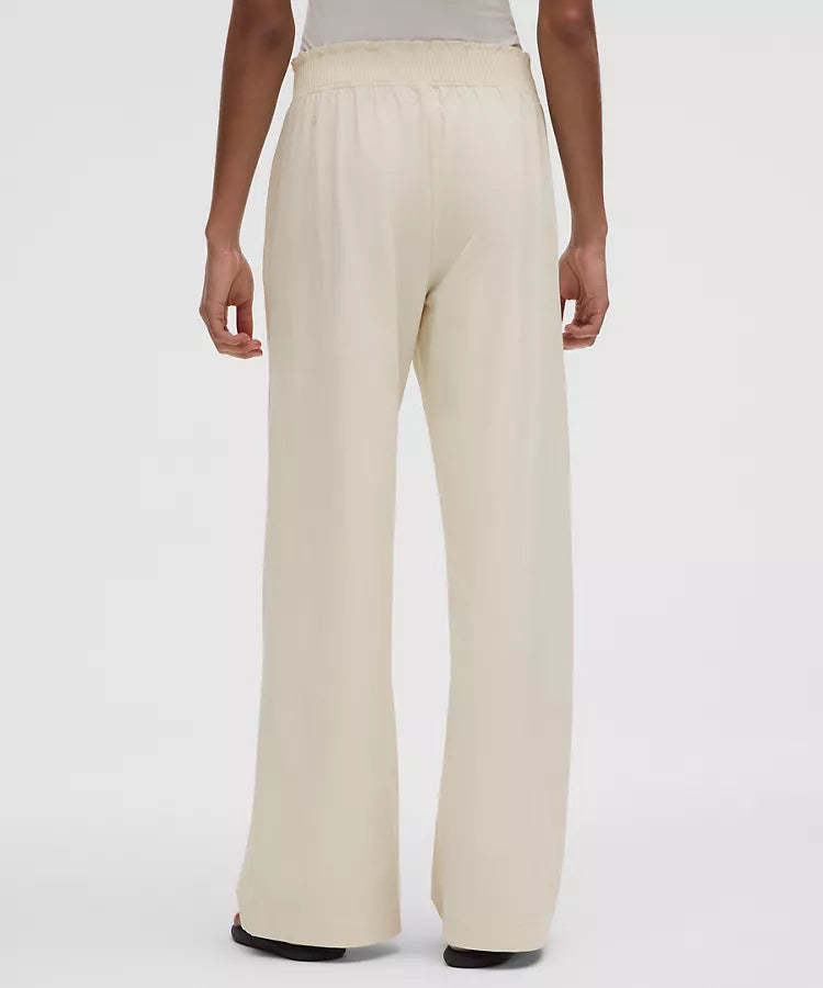 Stretch Woven Ruffle Waist Wide Leg Pant