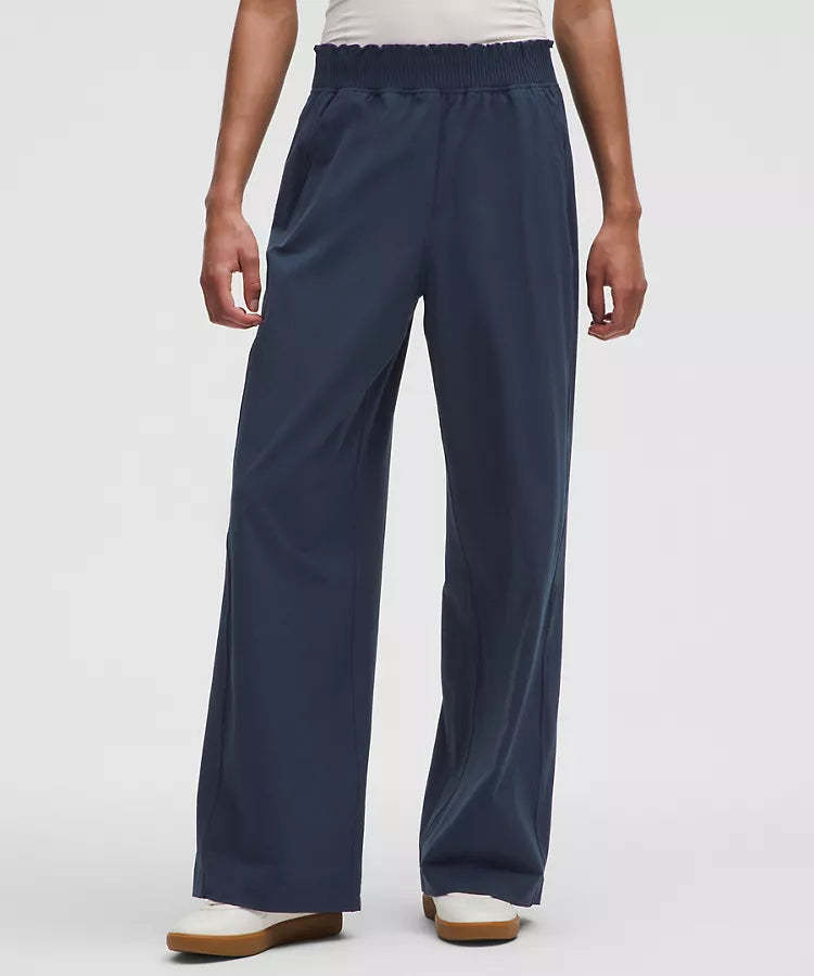 Stretch Woven Ruffle Waist Wide Leg Pant