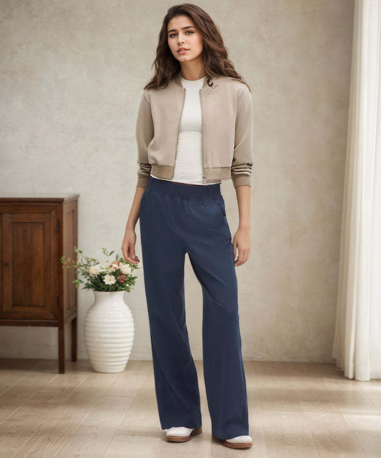 Stretch Woven Ruffle Waist Wide Leg Pant