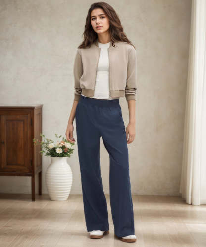 Stretch Woven Ruffle Waist Wide Leg Pant
