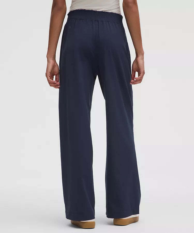 Stretch Woven Ruffle Waist Wide Leg Pant
