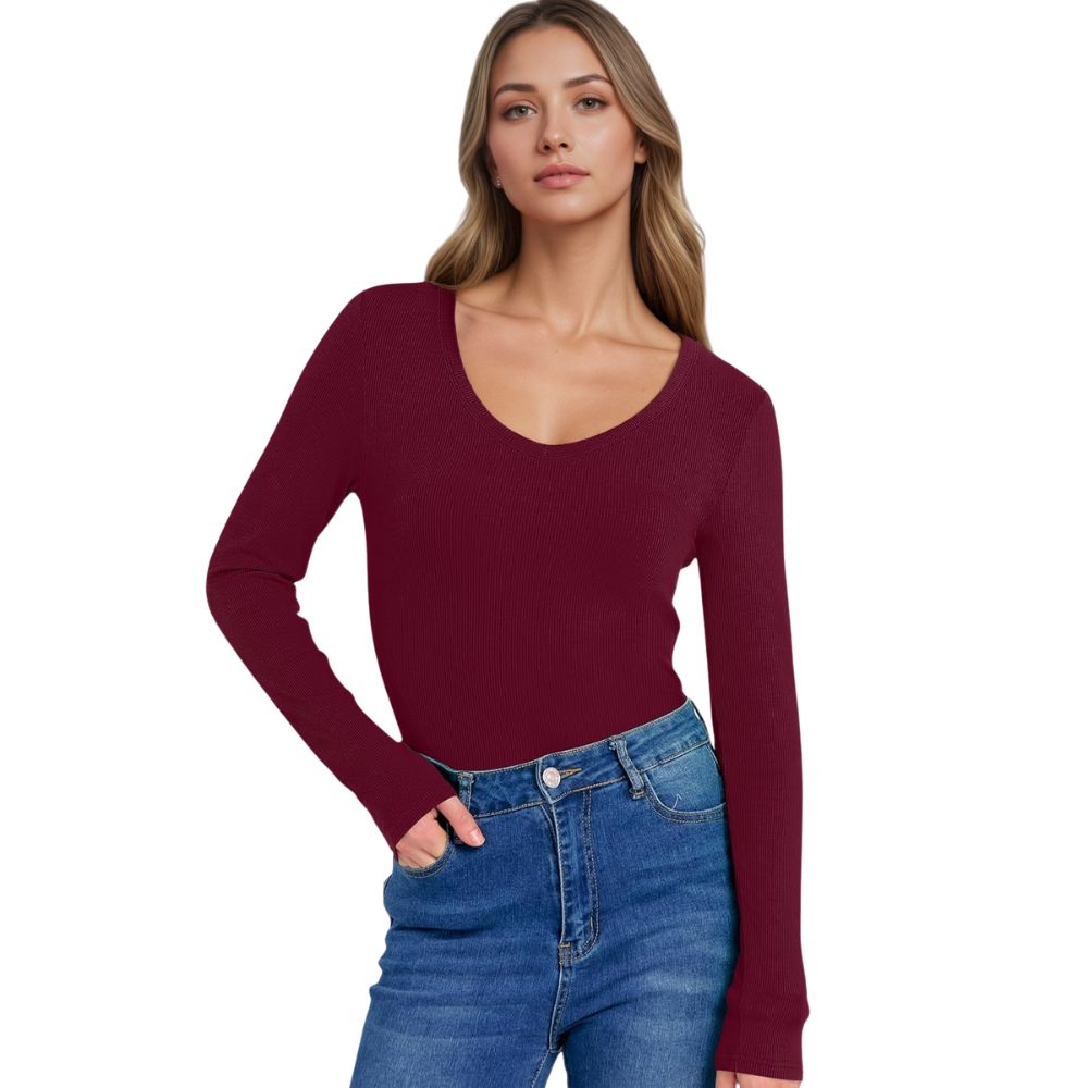 Long Sleeve Shirts for Women V Neck Ribbed Knit Fitted Fall Basic Tshirts