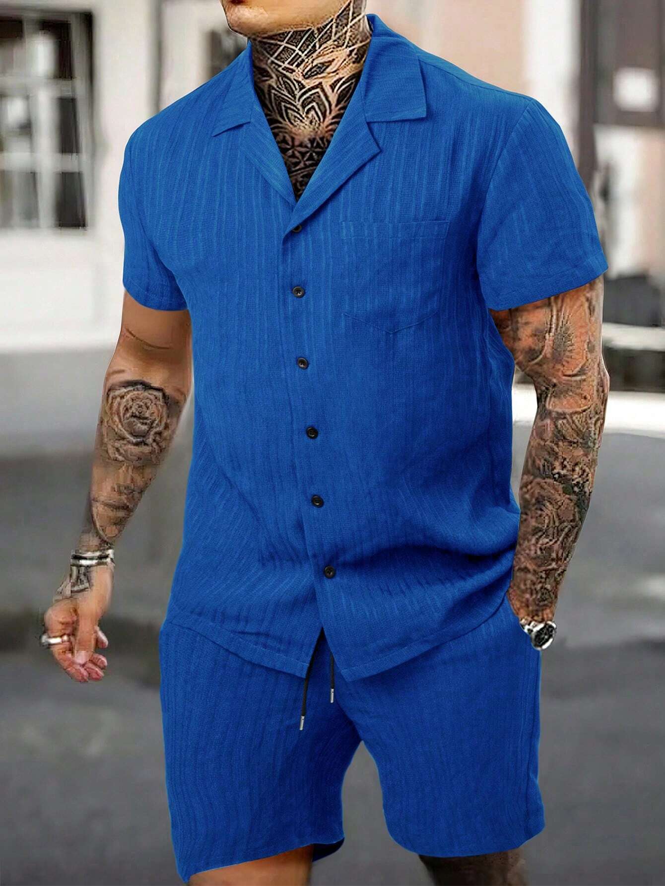 Men Solid Button Up Shirt And Drawstring Waist Shorts