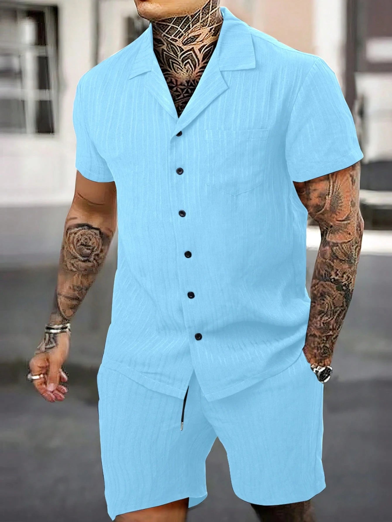 Men Solid Button Up Shirt And Drawstring Waist Shorts