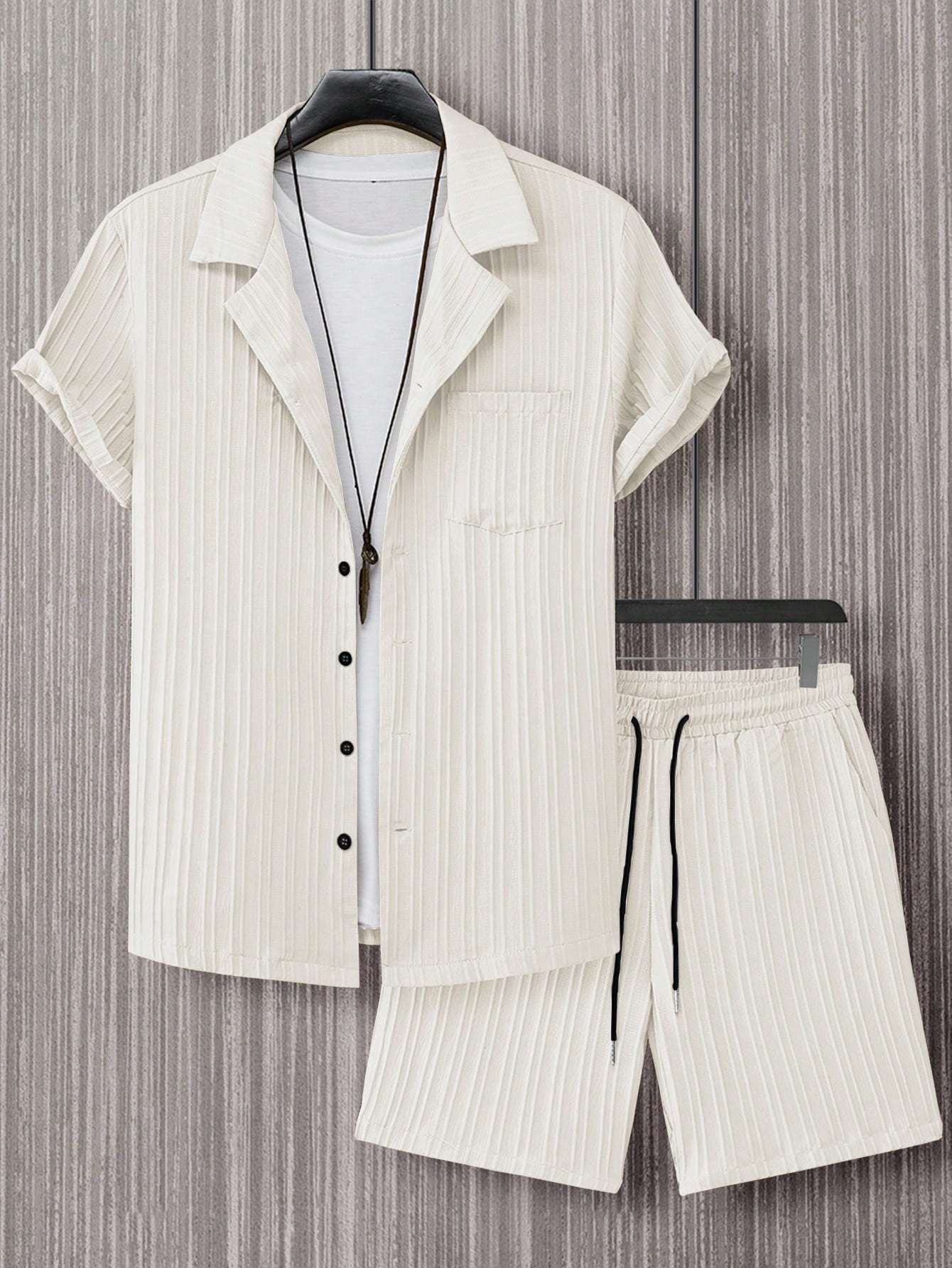 Men Solid Button Up Shirt And Drawstring Waist Shorts