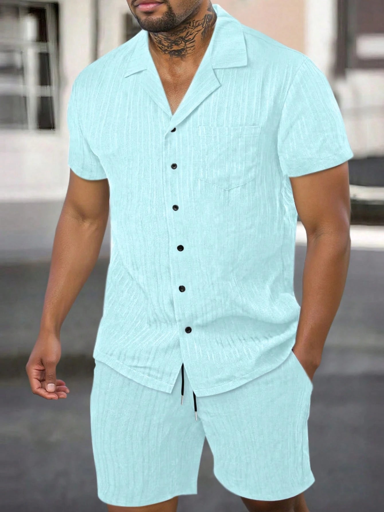 Men Solid Button Up Shirt And Drawstring Waist Shorts